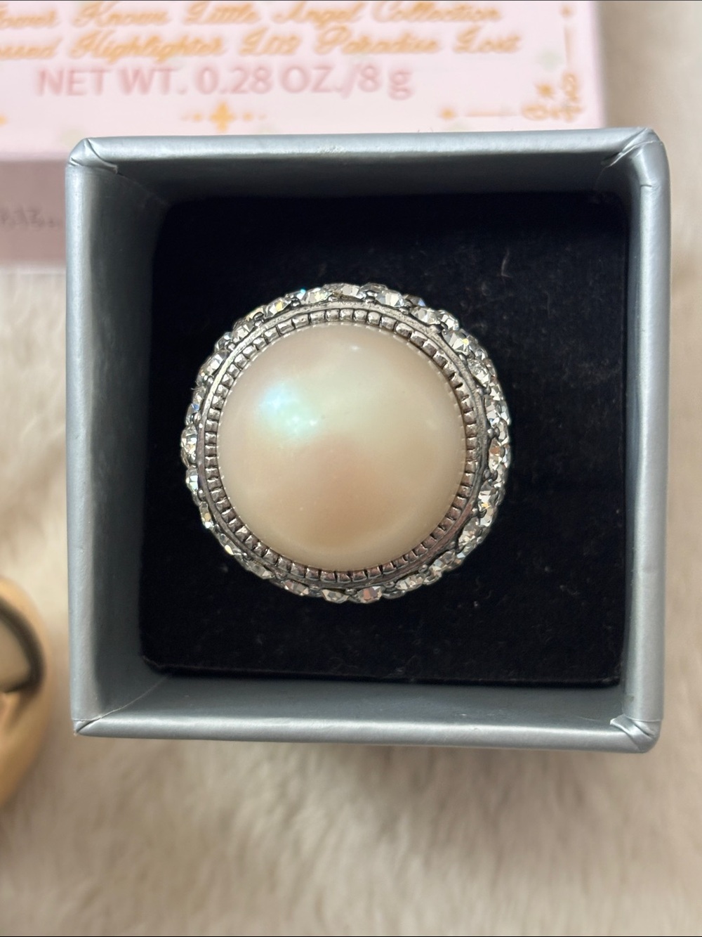 Elegant White Pearl Statement Ring with Crystal Halo